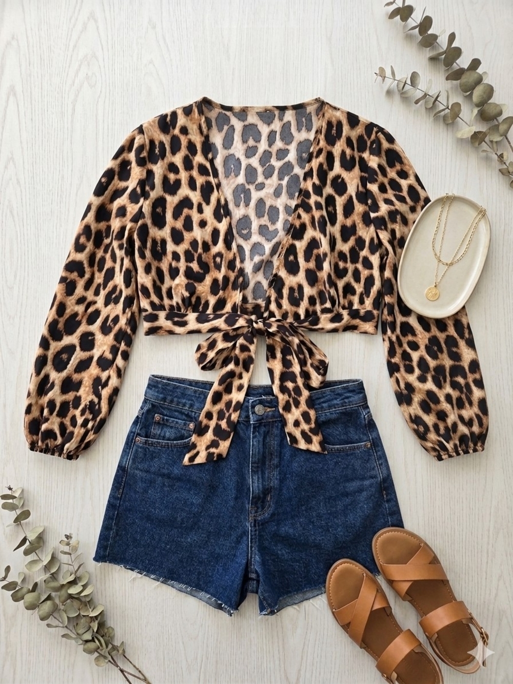 SHEIN Leopard Print Tie-Front Crop Top - Brown & Black - Size Large